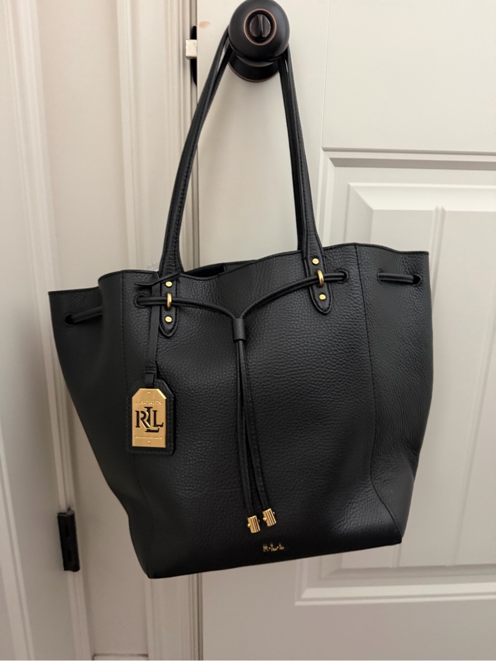 Ralph Lauren Black Pebbled Leather Drawstring Tote with Gold Hardware